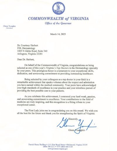 Commonwealth of Virginia Award to Dr. Courtney R. Herbert FDL Dermatology